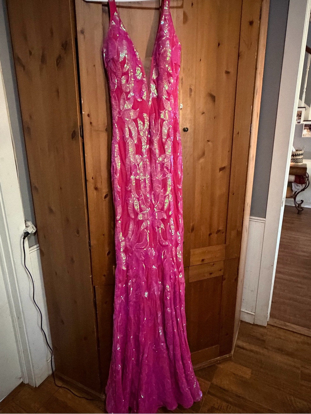 Jovani Hot Pink Sequin Maxi Dress - Picture 4 of 12